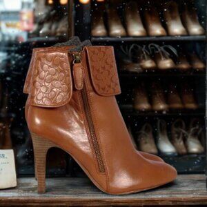 Coach Cognac Leather Ankle Booties Embossed C Logo Stiletto Heel Size 10B